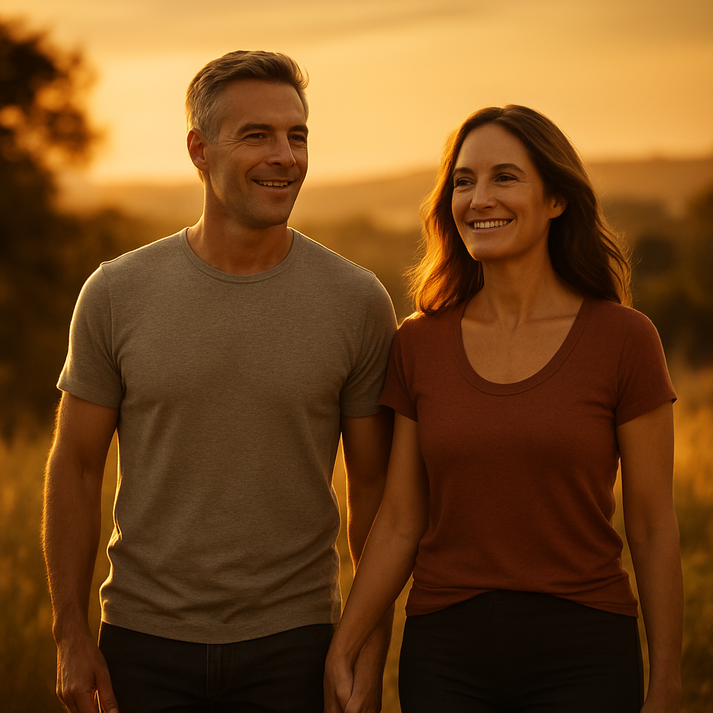 Casal saudável caminhando ao pôr do sol