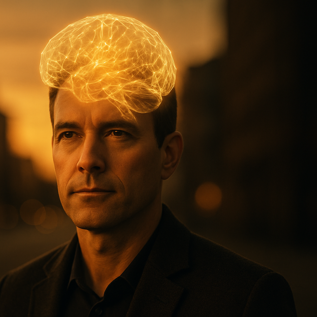 Homem com representação de cérebro neural luminoso