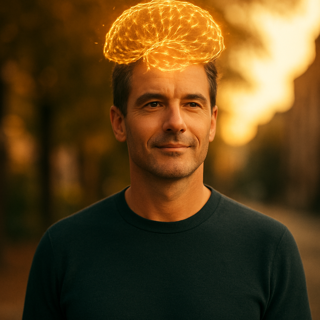 Homem vibrante com representação de cérebro neural luminoso em luz natural